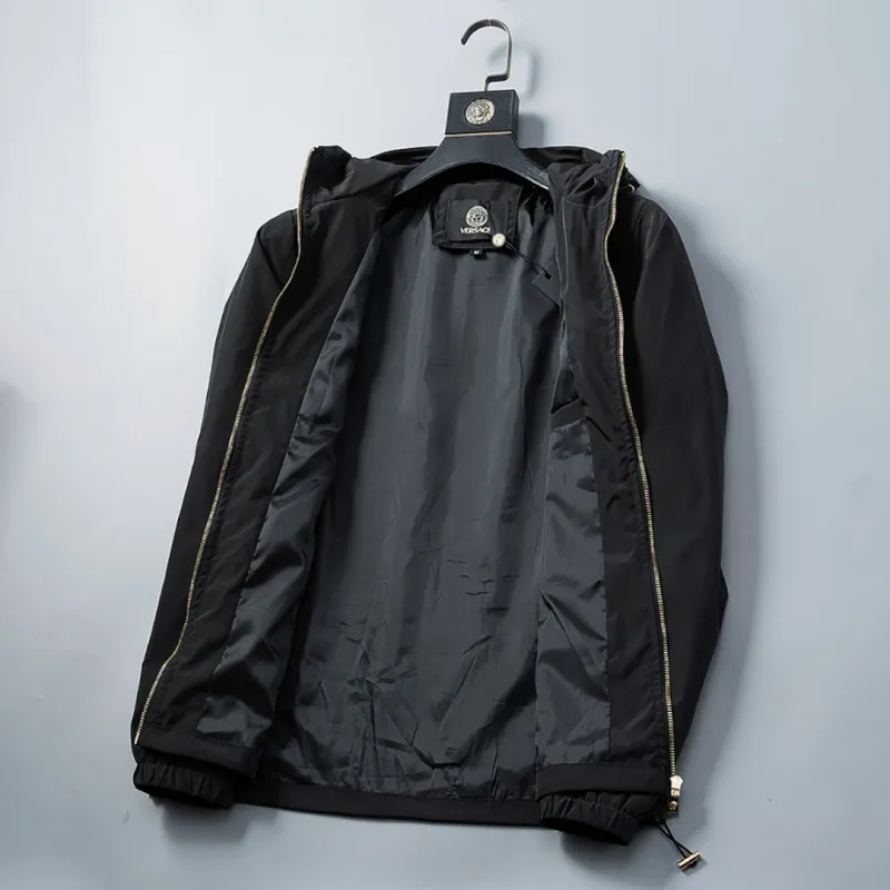 Versace Mens Hooded Windbreaker Jacket Stylish Black Outerwear with Gold Tone Zippers #A54303