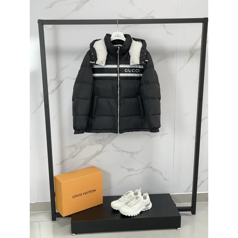 Gucci Black Puffer Jacket With White Stripes Unisex Style #A54548 Gucci Black Puffer Jacket With White Stripes Unisex Style #A54548
