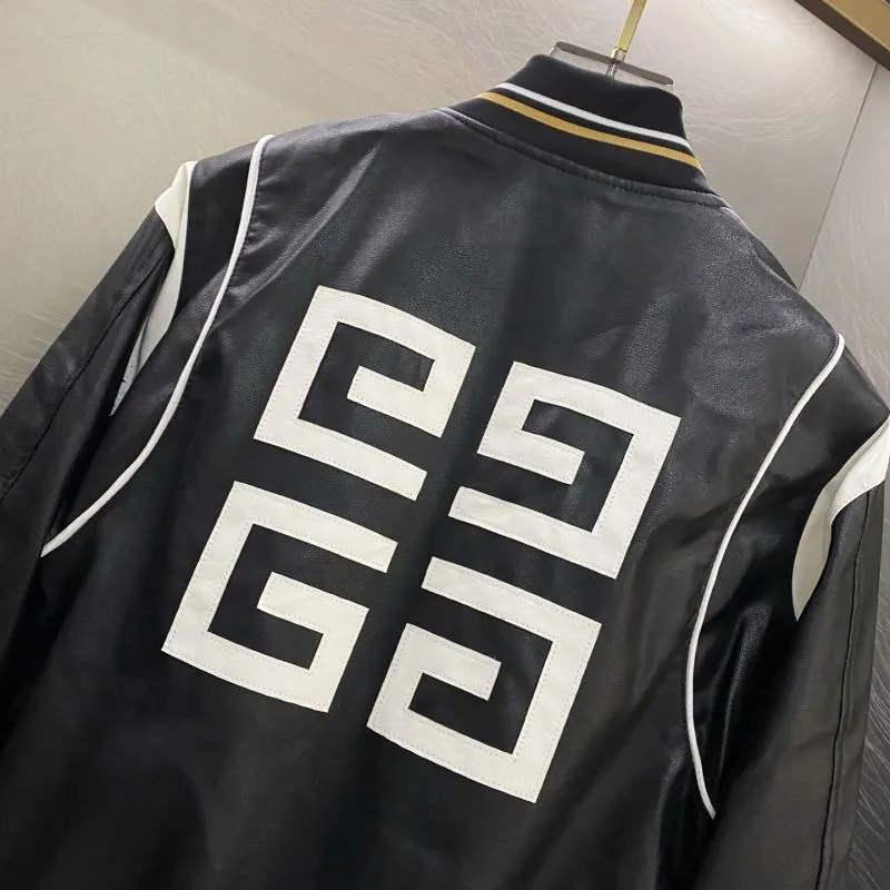 Givenchy Black Leather Bomber Jacket with Iconic White Logo Detailing #A54606