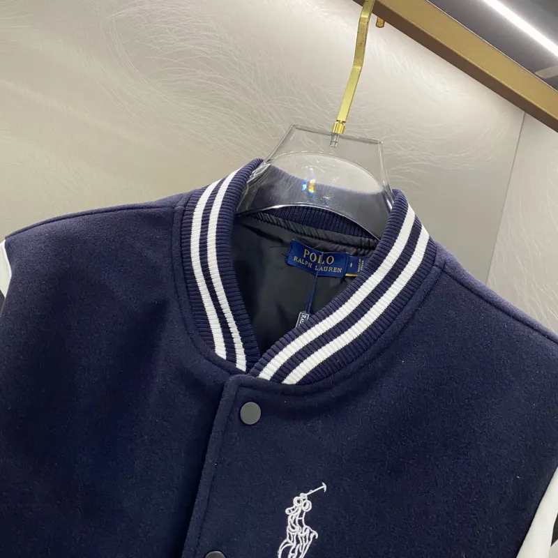 Ralph Lauren Pony Embroidery American Retro Wool Patchwork Leather Baseball Jacket with Large Logo Jackets for Men #A58790