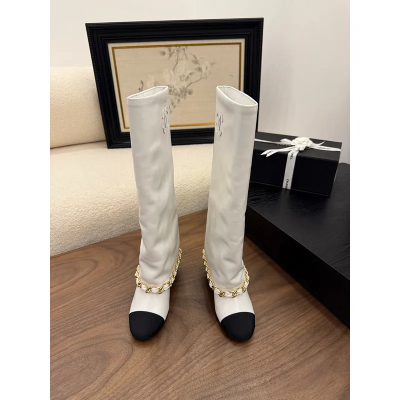Chanel Knee - High Boots: Diverse Textures, Gold Chains, a Showcase of Luxe Creativity #A54193