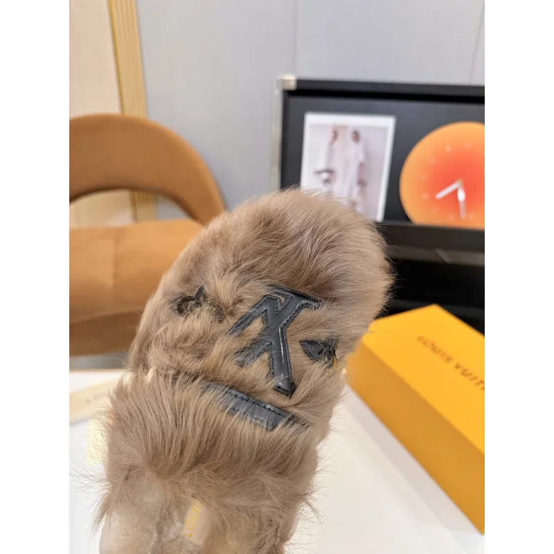 Louis Vuitton Cozy Fluffy Slippers with Leather Straps and Brand Embellishments #A54594