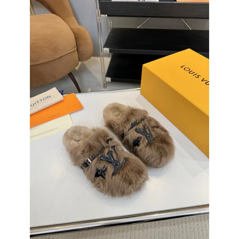 Louis Vuitton Cozy Fluffy Slippers with Leather Straps and Brand Embellishments #A54594