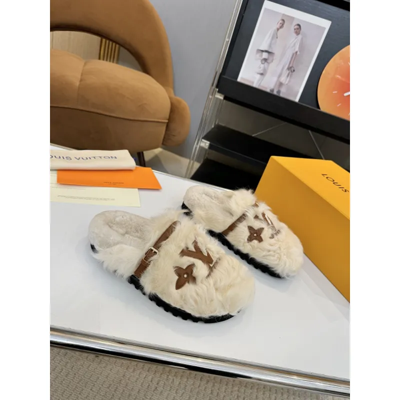 Louis Vuitton Cozy Fluffy Slippers with Leather Straps and Brand Embellishments #A54596