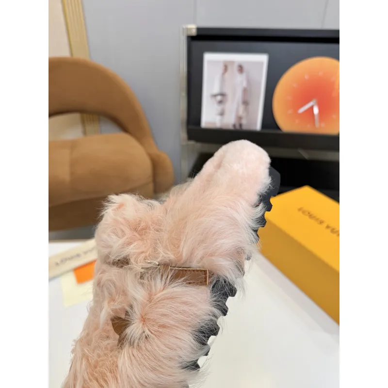 Louis Vuitton Cozy Fluffy Slippers with Leather Straps and Brand Embellishments #A54592