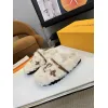Louis Vuitton Cozy Fluffy Slippers with Leather Straps and Brand Embellishments #A54596