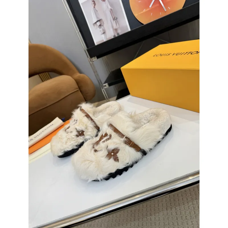 Louis Vuitton Cozy Fluffy Slippers with Leather Straps and Brand Embellishments #A54596