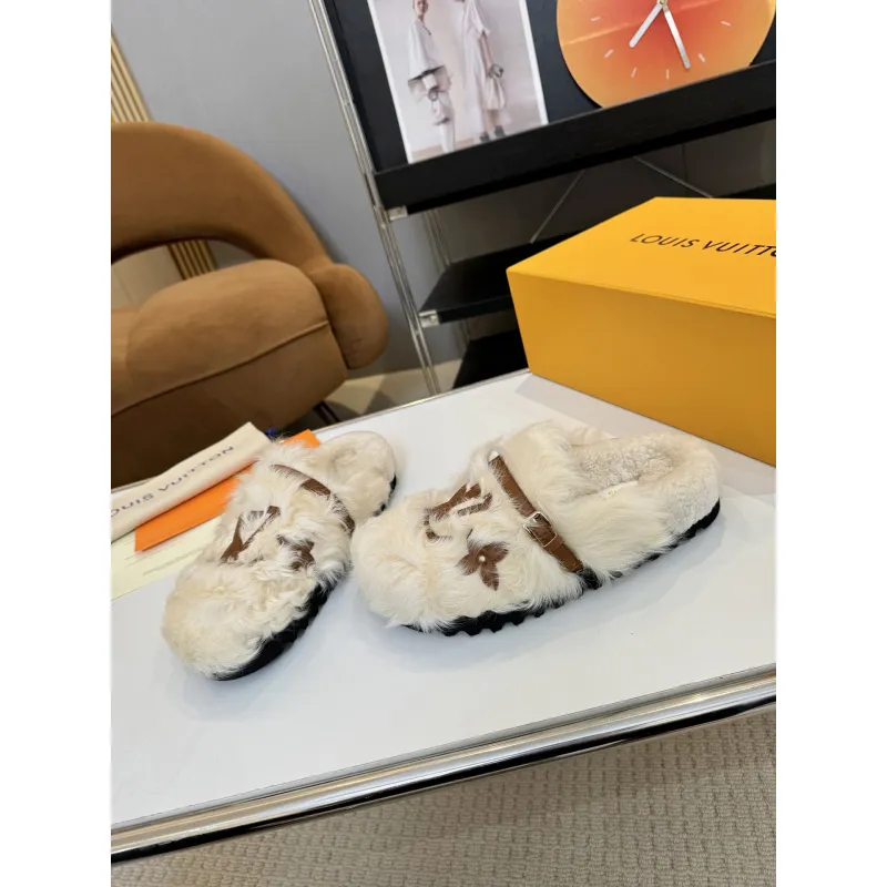 Louis Vuitton Cozy Fluffy Slippers with Leather Straps and Brand Embellishments #A54596