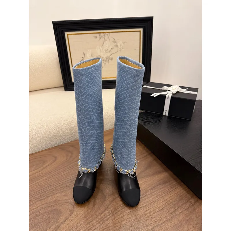 Chanel Knee - High Boots: Diverse Textures, Gold Chains, a Showcase of Luxe Creativity #A54193