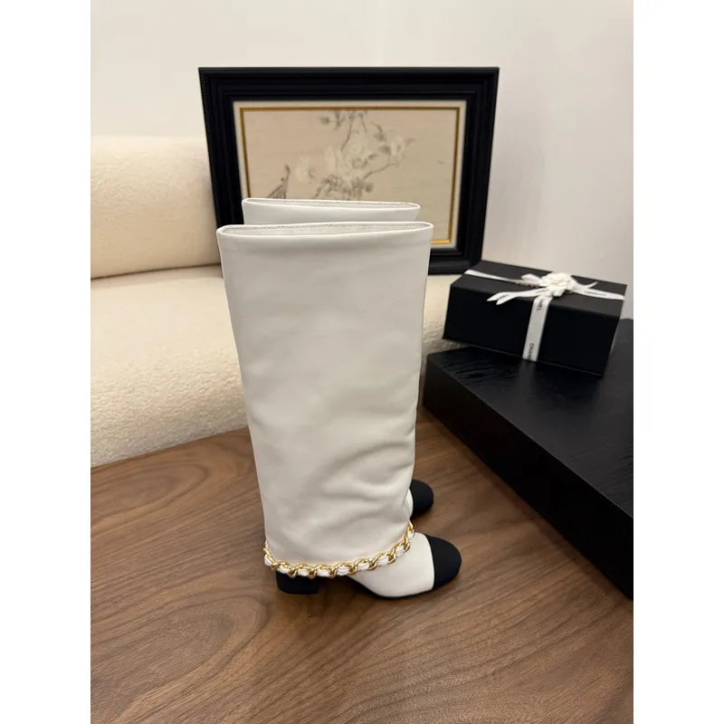 Chanel Knee - High Boots: Diverse Textures, Gold Chains, a Showcase of Luxe Creativity #A54193