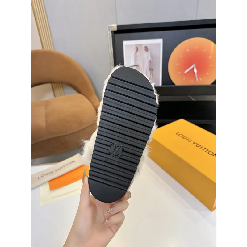 Louis Vuitton Cozy Fluffy Slippers with Leather Straps and Brand Embellishments #A54596