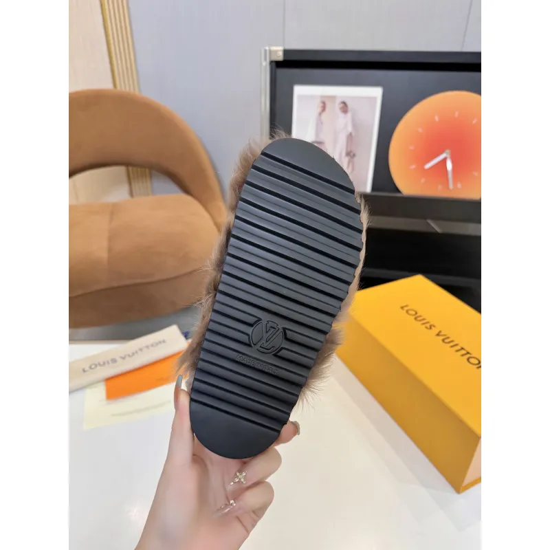 Louis Vuitton Cozy Fluffy Slippers with Leather Straps and Brand Embellishments #A54594