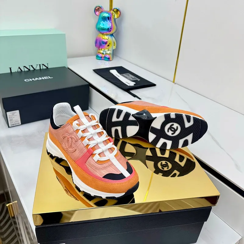Chanel Denim Suede Calfskin Neon Orange CC Logo Trainers #A53211
