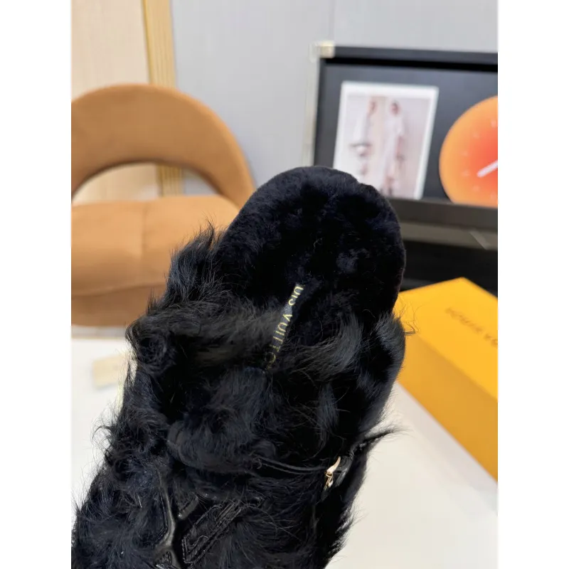 Louis Vuitton Cozy Fluffy Slippers with Leather Straps and Brand Embellishments #A54595 Louis Vuitton Cozy Fluffy Slippers with Leather Straps and Brand Embellishments #A54595