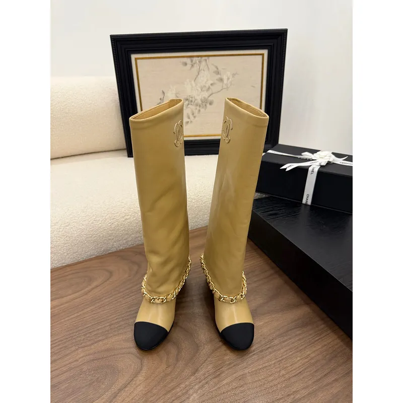 Chanel Knee - High Boots: Diverse Textures, Gold Chains, a Showcase of Luxe Creativity #A54193