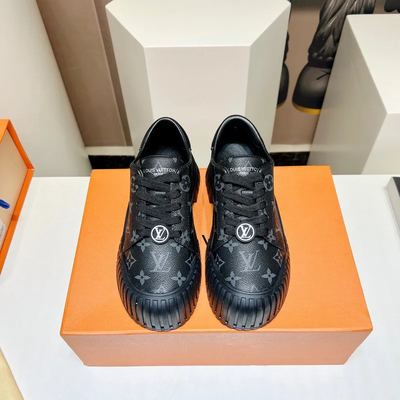 Louis Vuitton Black Sneakers: Patent Leather & Iconic LV Logo, Merging Luxury and Edge Black/White/Brown #A54199
