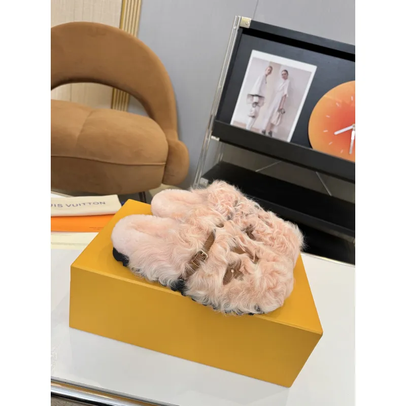 Louis Vuitton Cozy Fluffy Slippers with Leather Straps and Brand Embellishments #A54592