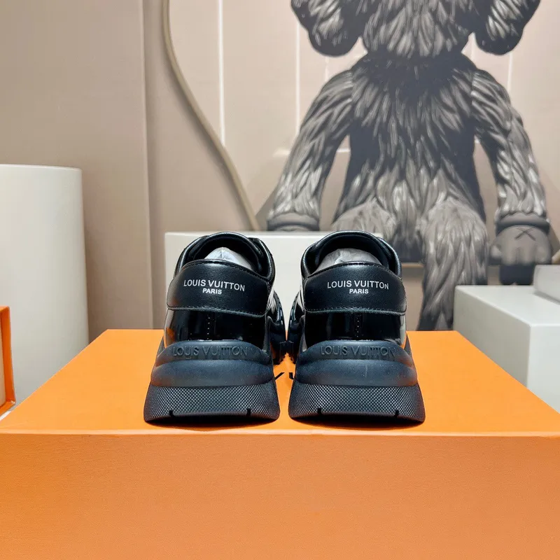 Louis Vuitton Black Sneakers: Patent Leather & Iconic LV Logo, Merging Luxury and Edge Black/White/Brown #A54199