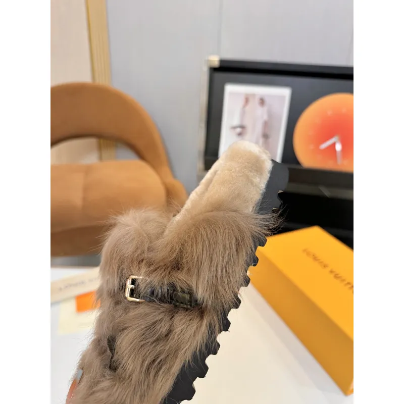 Louis Vuitton Cozy Fluffy Slippers with Leather Straps and Brand Embellishments #A54594
