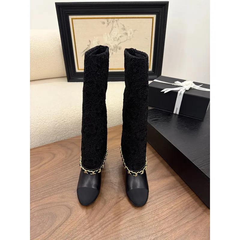 Chanel Knee - High Boots: Diverse Textures, Gold Chains, a Showcase of Luxe Creativity #A54193
