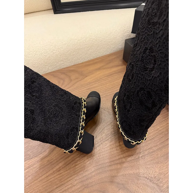 Chanel Knee - High Boots: Diverse Textures, Gold Chains, a Showcase of Luxe Creativity #A54193