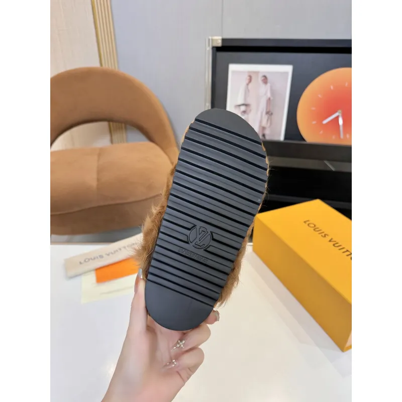 Louis Vuitton Cozy Fluffy Slippers with Leather Straps and Brand Embellishments #A54593