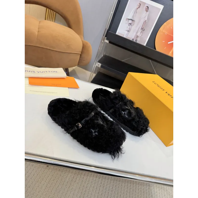 Louis Vuitton Cozy Fluffy Slippers with Leather Straps and Brand Embellishments #A54595 Louis Vuitton Cozy Fluffy Slippers with Leather Straps and Brand Embellishments #A54595