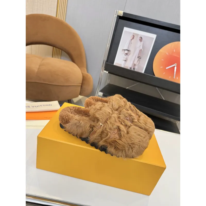 Louis Vuitton Cozy Fluffy Slippers with Leather Straps and Brand Embellishments #A54593