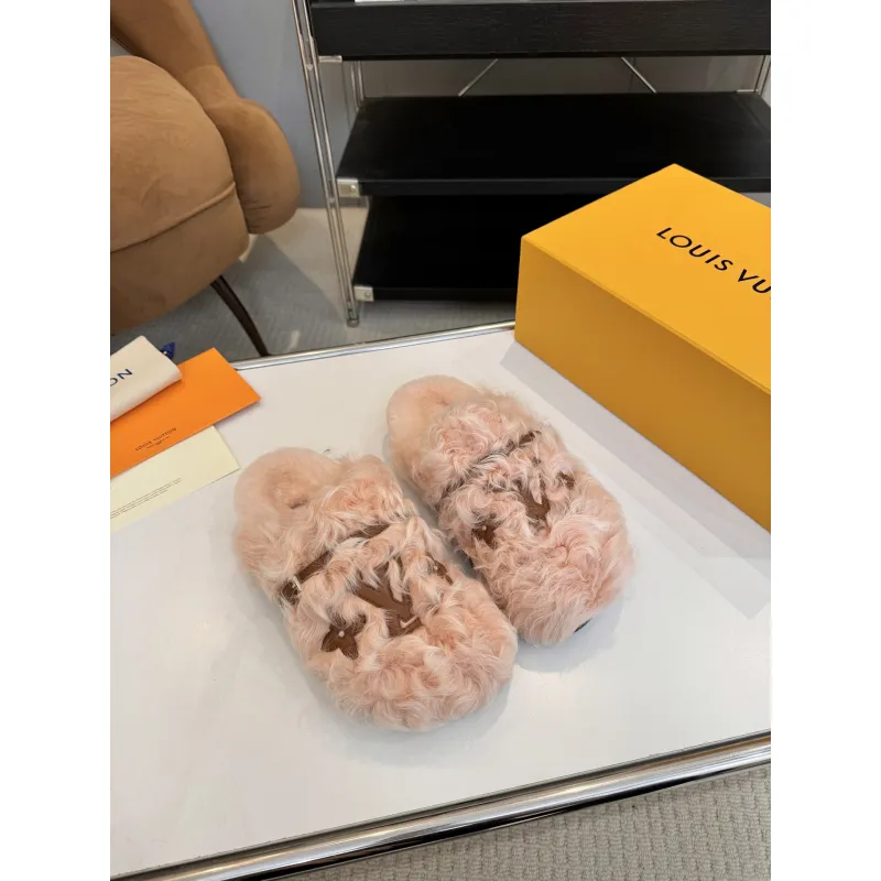 Louis Vuitton Cozy Fluffy Slippers with Leather Straps and Brand Embellishments #A54592