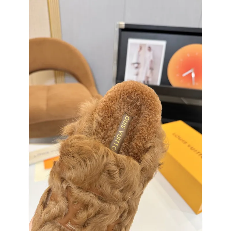 Louis Vuitton Cozy Fluffy Slippers with Leather Straps and Brand Embellishments #A54593