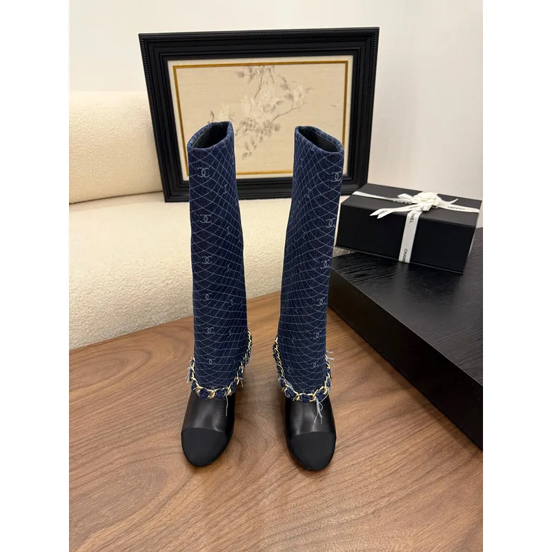 Chanel Knee - High Boots: Diverse Textures, Gold Chains, a Showcase of Luxe Creativity #A54193