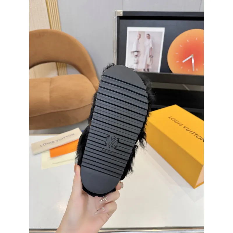 Louis Vuitton Cozy Fluffy Slippers with Leather Straps and Brand Embellishments #A54595 Louis Vuitton Cozy Fluffy Slippers with Leather Straps and Brand Embellishments #A54595