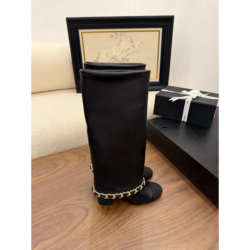 Chanel Knee - High Boots: Diverse Textures, Gold Chains, a Showcase of Luxe Creativity #A54193