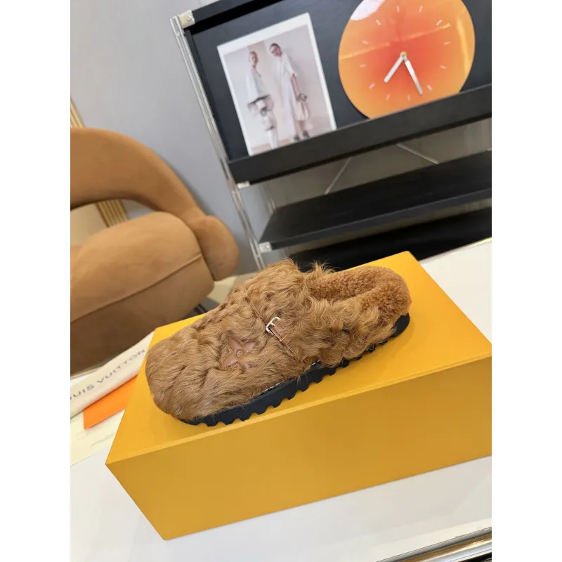 Louis Vuitton Cozy Fluffy Slippers with Leather Straps and Brand Embellishments #A54593