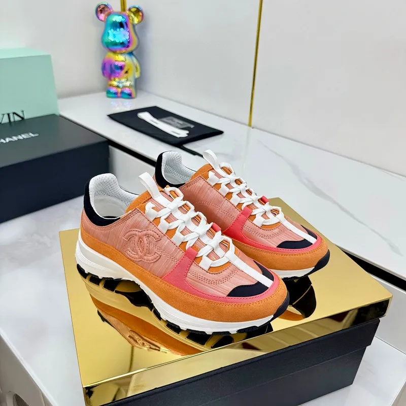 Chanel Denim Suede Calfskin Neon Orange CC Logo Trainers #A53211