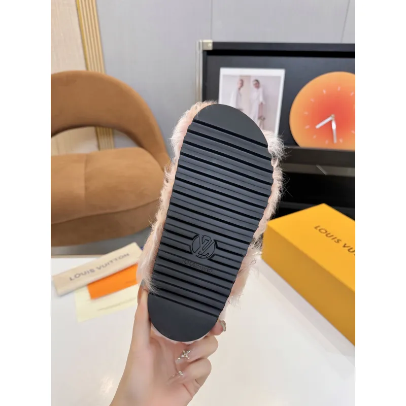 Louis Vuitton Cozy Fluffy Slippers with Leather Straps and Brand Embellishments #A54592