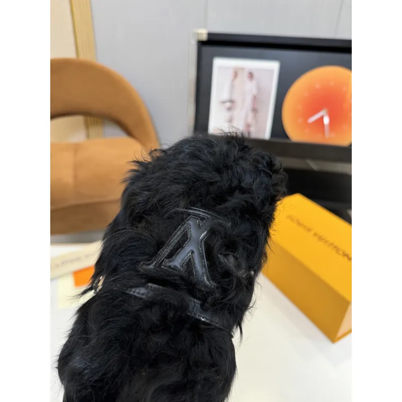 Louis Vuitton Cozy Fluffy Slippers with Leather Straps and Brand Embellishments #A54595 Louis Vuitton Cozy Fluffy Slippers with Leather Straps and Brand Embellishments #A54595