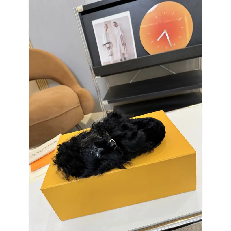 Louis Vuitton Cozy Fluffy Slippers with Leather Straps and Brand Embellishments #A54595 Louis Vuitton Cozy Fluffy Slippers with Leather Straps and Brand Embellishments #A54595