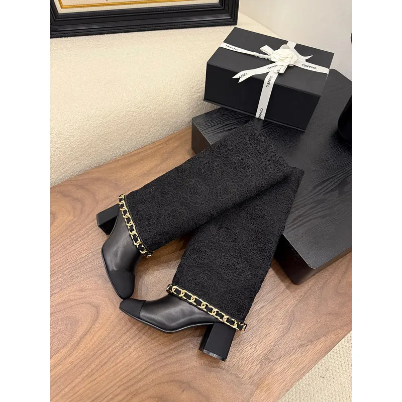 Chanel Knee - High Boots: Diverse Textures, Gold Chains, a Showcase of Luxe Creativity #A54193