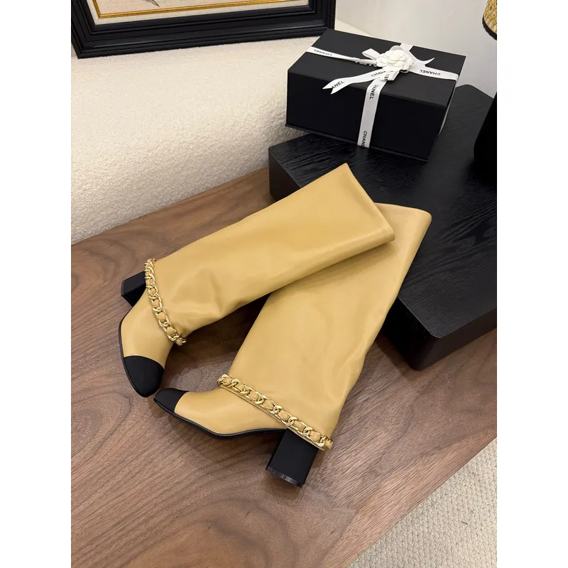 Chanel Knee - High Boots: Diverse Textures, Gold Chains, a Showcase of Luxe Creativity #A54193