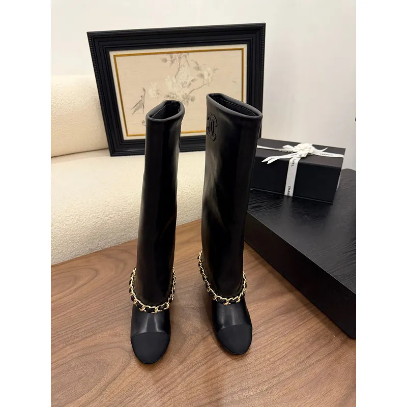Chanel Knee - High Boots: Diverse Textures, Gold Chains, a Showcase of Luxe Creativity #A54193