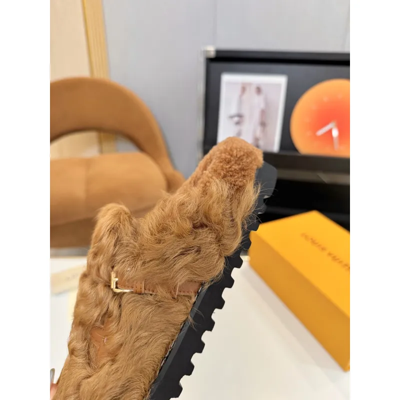 Louis Vuitton Cozy Fluffy Slippers with Leather Straps and Brand Embellishments #A54593
