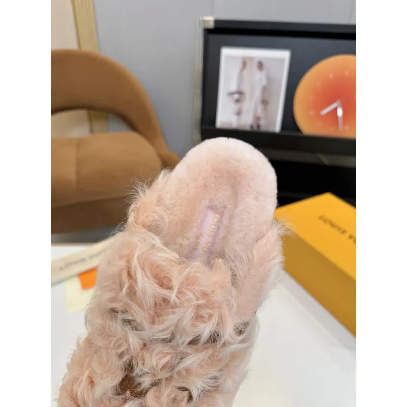 Louis Vuitton Cozy Fluffy Slippers with Leather Straps and Brand Embellishments #A54592