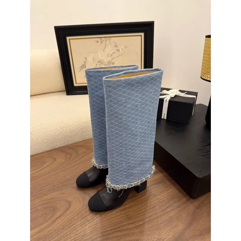 Chanel Knee - High Boots: Diverse Textures, Gold Chains, a Showcase of Luxe Creativity #A54193