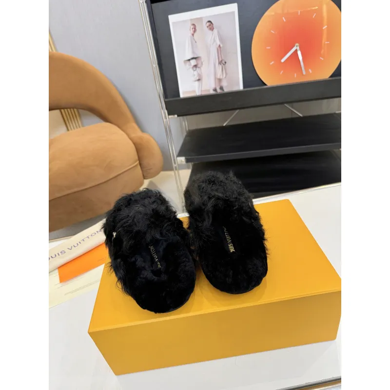 Louis Vuitton Cozy Fluffy Slippers with Leather Straps and Brand Embellishments #A54595 Louis Vuitton Cozy Fluffy Slippers with Leather Straps and Brand Embellishments #A54595