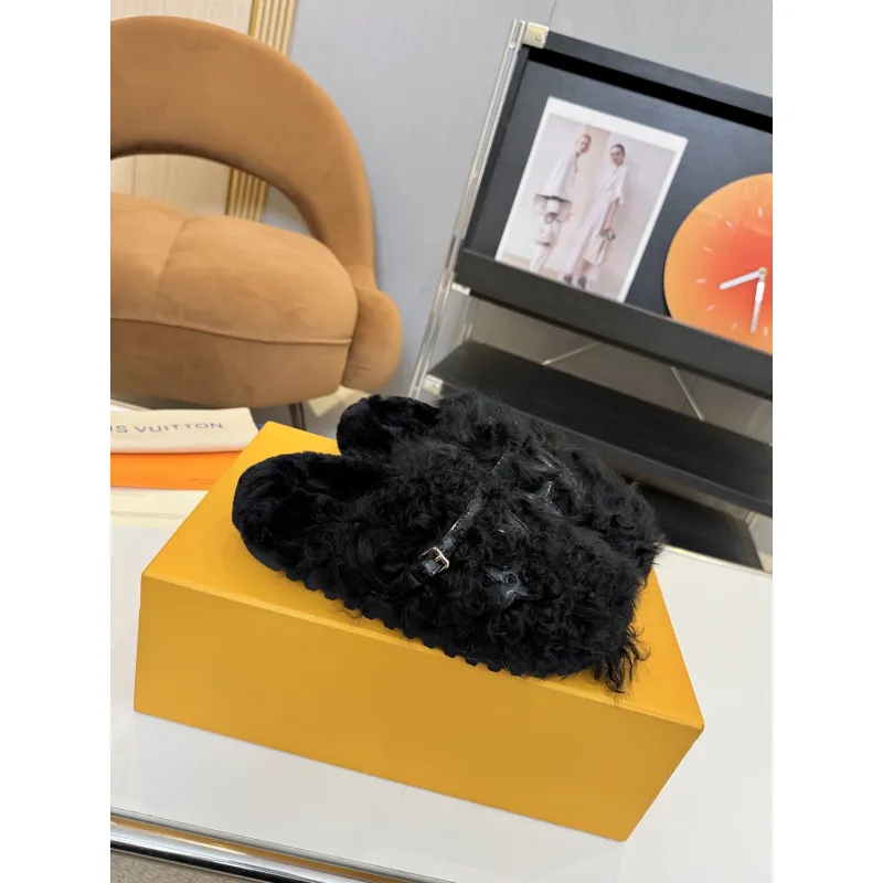 Louis Vuitton Cozy Fluffy Slippers with Leather Straps and Brand Embellishments #A54595 Louis Vuitton Cozy Fluffy Slippers with Leather Straps and Brand Embellishments #A54595