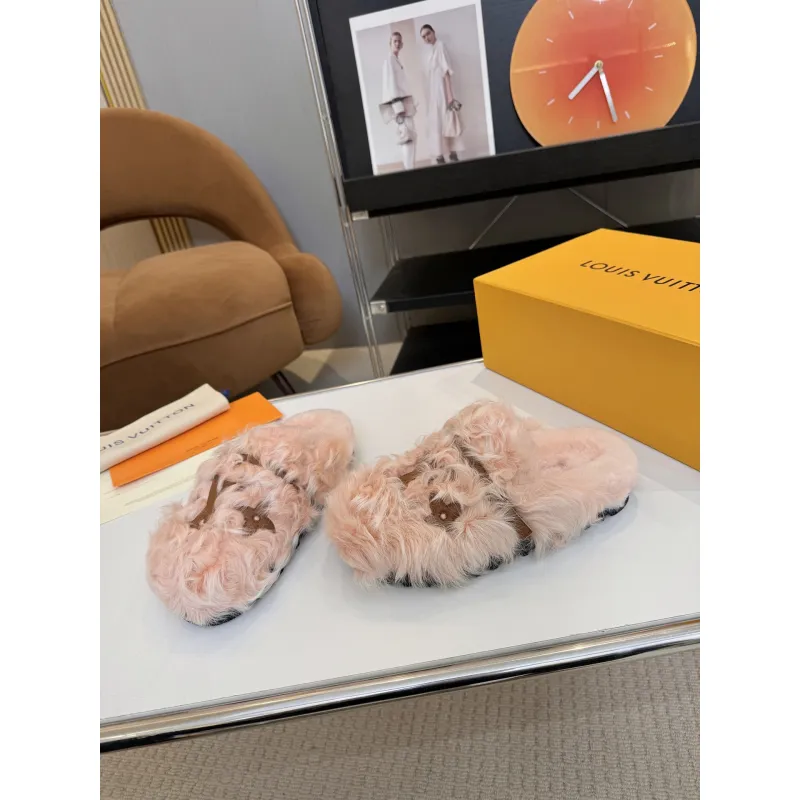 Louis Vuitton Cozy Fluffy Slippers with Leather Straps and Brand Embellishments #A54592