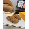 Louis Vuitton Cozy Fluffy Slippers with Leather Straps and Brand Embellishments #A54593
