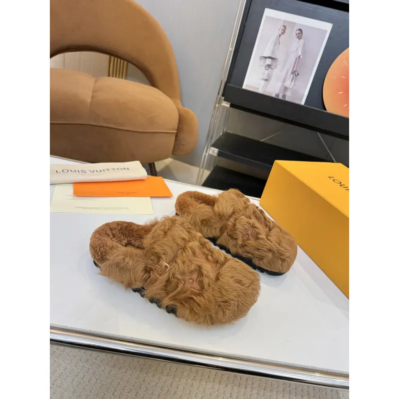 Louis Vuitton Cozy Fluffy Slippers with Leather Straps and Brand Embellishments #A54593