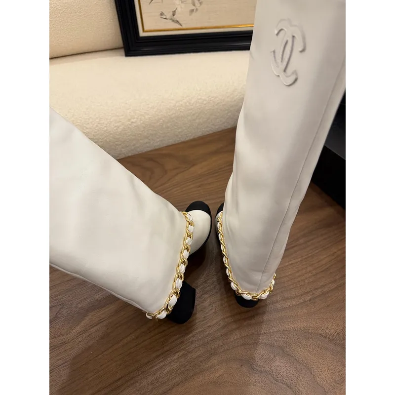 Chanel Knee - High Boots: Diverse Textures, Gold Chains, a Showcase of Luxe Creativity #A54193